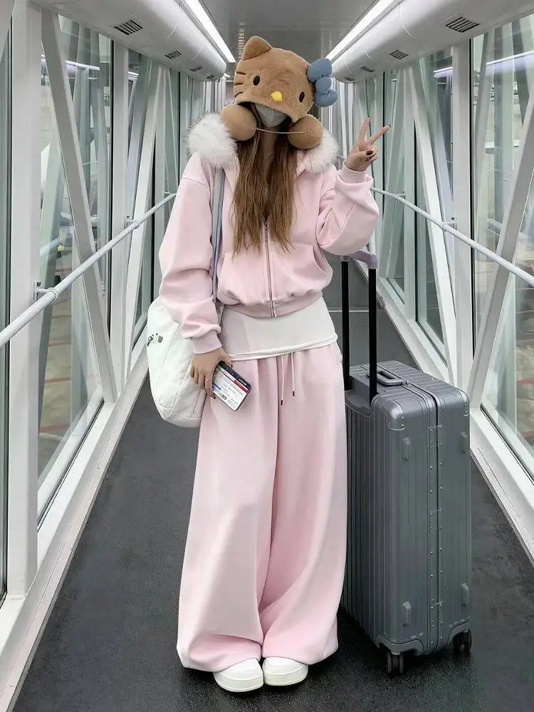 Pink Hooded Sweatshirt Set Women&