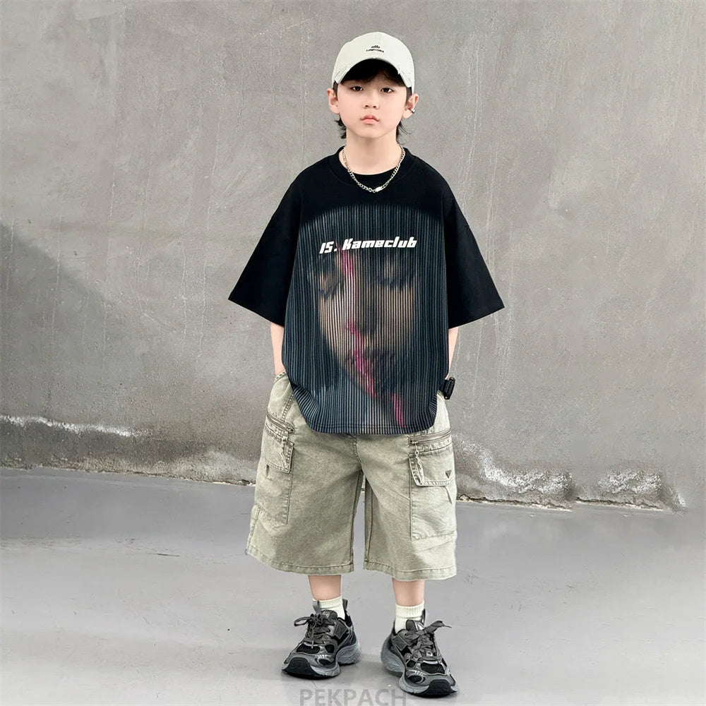 Korean Children Fashion Summer Clothes for Boy Streetwear Outfit Suit T-shirt Shorts Clothing Set Kids Street Top And Bottom Set