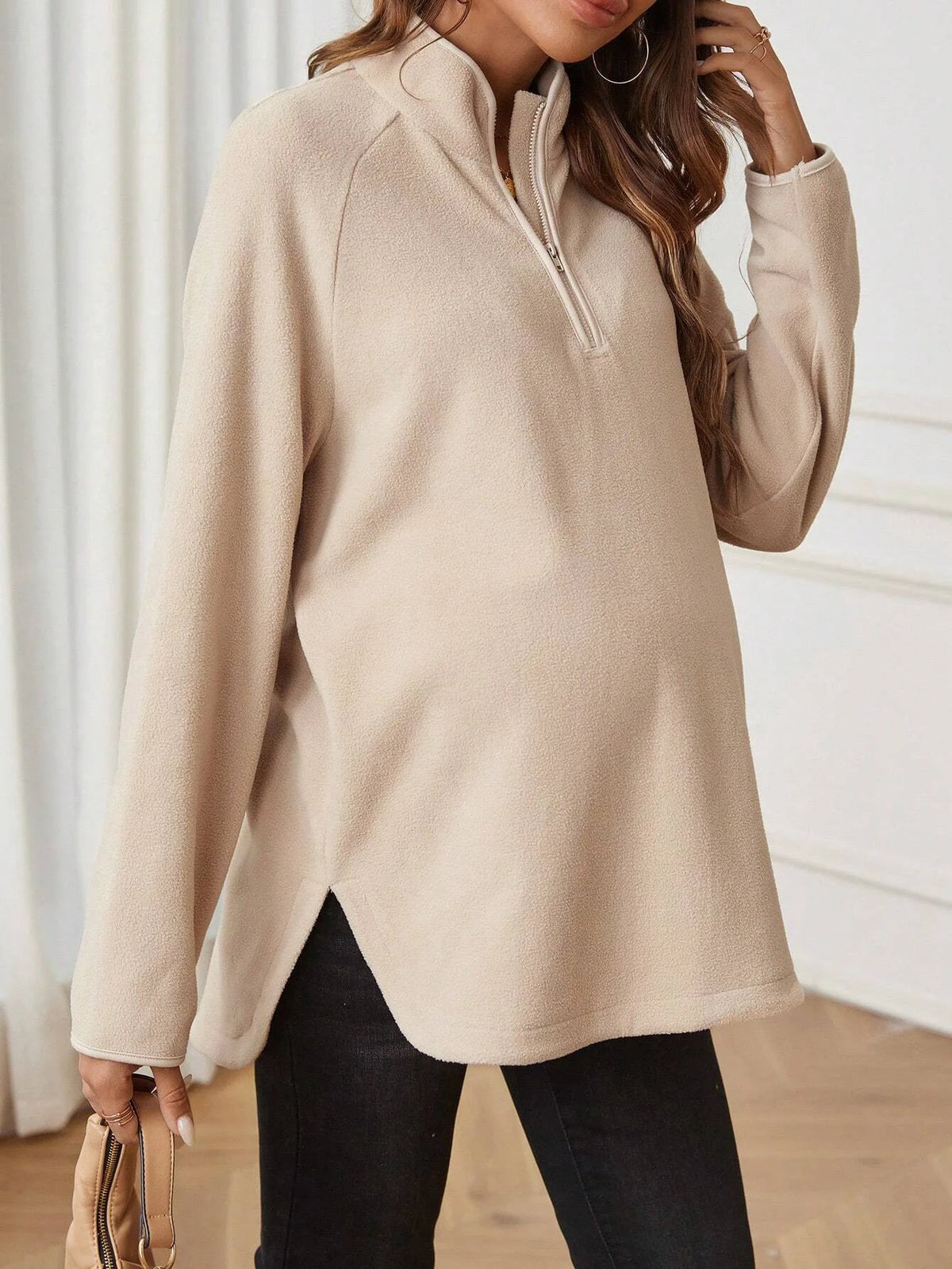 Maternity Clothes for Women Autumn Winter Pregnant Dresses Photoshoot Clothing Fashion Plain Zipper Loose Long-sleeved T-shirt