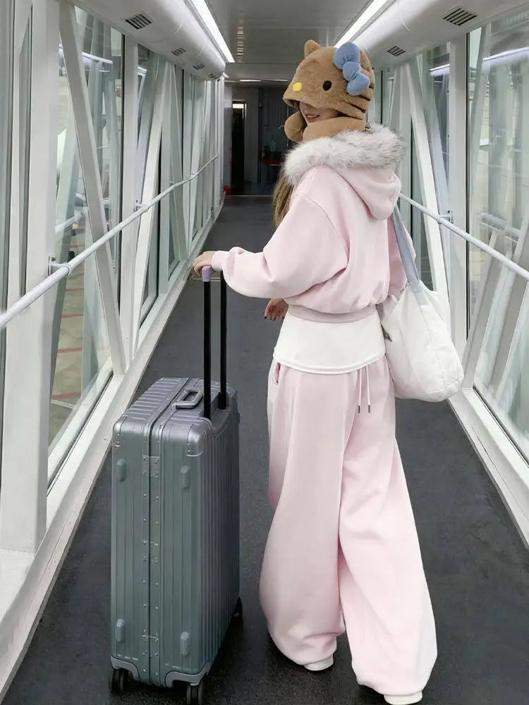 Pink Hooded Sweatshirt Set Women&