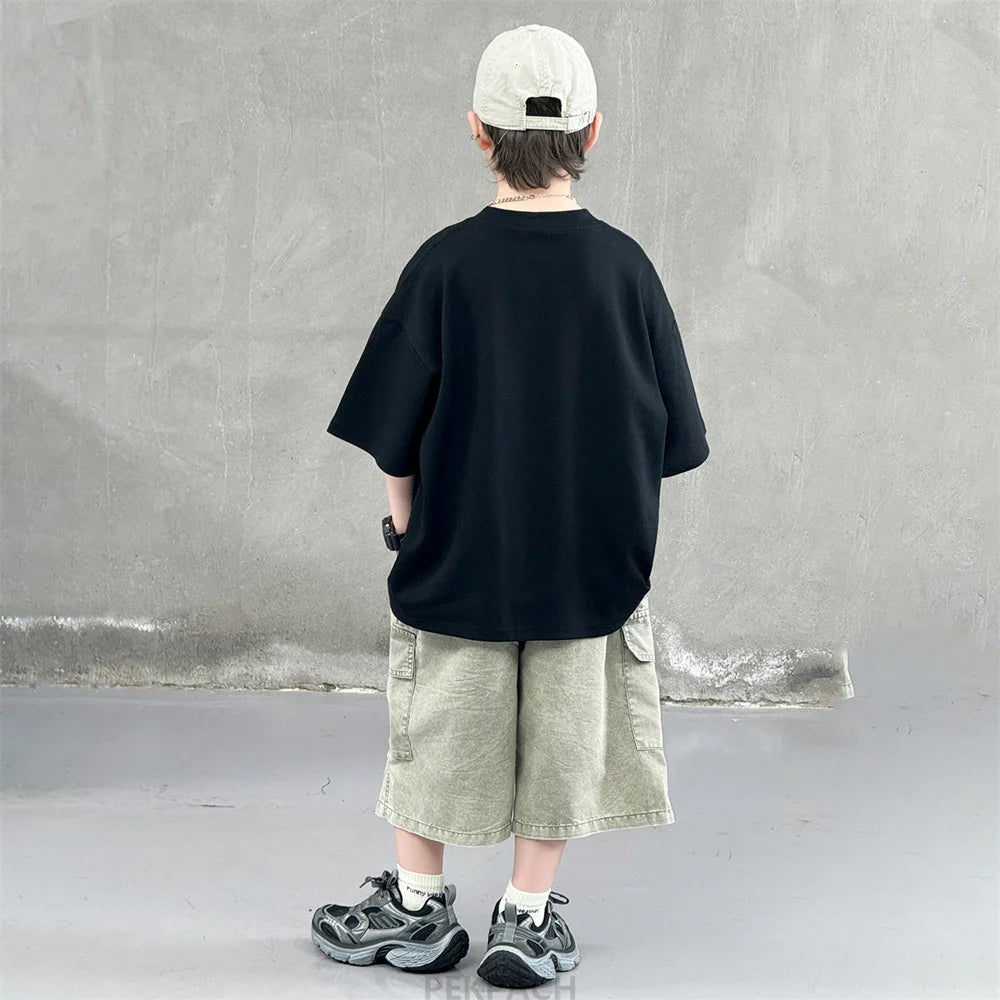 Korean Children Fashion Summer Clothes for Boy Streetwear Outfit Suit T-shirt Shorts Clothing Set Kids Street Top And Bottom Set