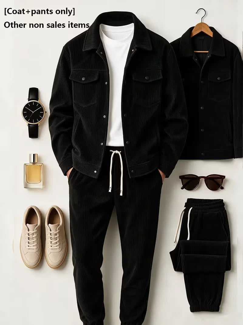 Men Corduroy 2‑Piece Outfit, Lapel Button Jacket and Drawstring Jogger Pants Set, Casual Daily Wear Men Suit