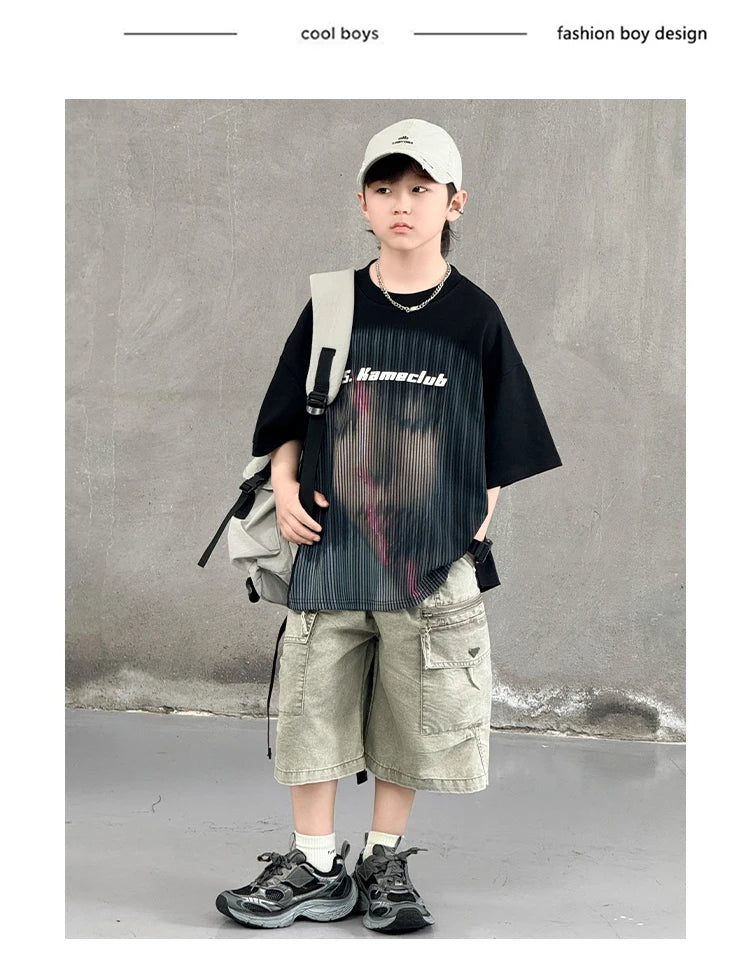 Korean Children Fashion Summer Clothes for Boy Streetwear Outfit Suit T-shirt Shorts Clothing Set Kids Street Top And Bottom Set