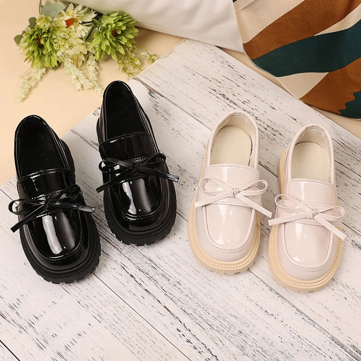 Kids Uniform Shoes Black Glossy for School Girls Performance Shoes Simple Bows 2025 Spring Autumn Children Flat Shoes Round Toes