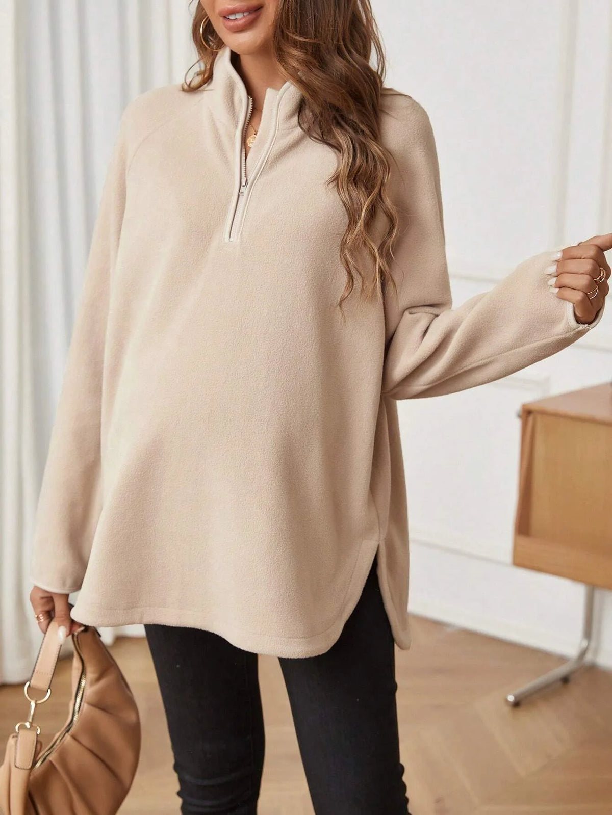 Maternity Clothes for Women Autumn Winter Pregnant Dresses Photoshoot Clothing Fashion Plain Zipper Loose Long-sleeved T-shirt
