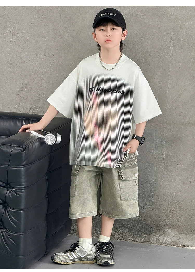 Korean Children Fashion Summer Clothes for Boy Streetwear Outfit Suit T-shirt Shorts Clothing Set Kids Street Top And Bottom Set