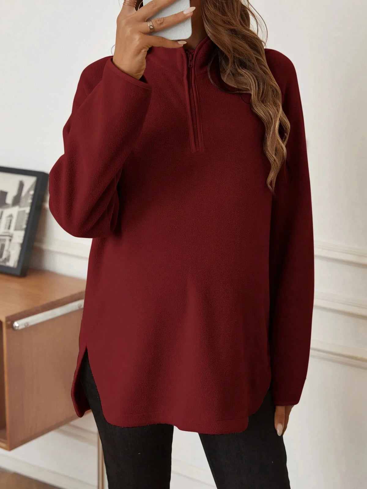 Maternity Clothes for Women Autumn Winter Pregnant Dresses Photoshoot Clothing Fashion Plain Zipper Loose Long-sleeved T-shirt