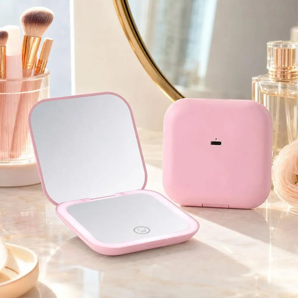 Rechargeable Handheld Mirror With 2X Magnification Portable Folding LED Makeup Mirror Pink Dual-Sided LED Lighted Makeup Mirror