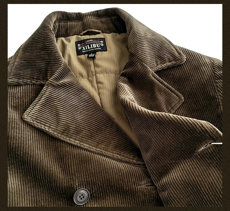 Amekaji Wear Clothes Men Corduroy Double Breasted Suit Cotton Coat Jacket American Retro Casual