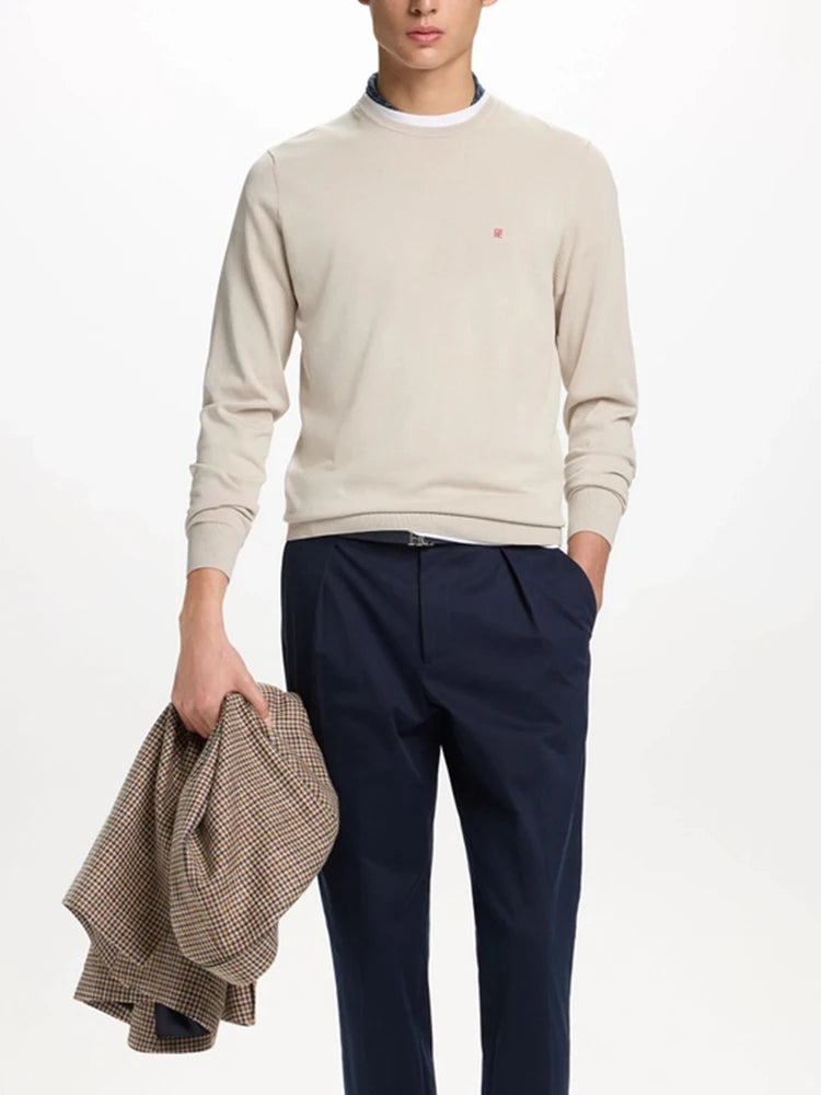 CH Men's  Crew Neck Sweater Slim Fit Long Sleeve Knit Pullover with Red Embroidery Business Casual Top