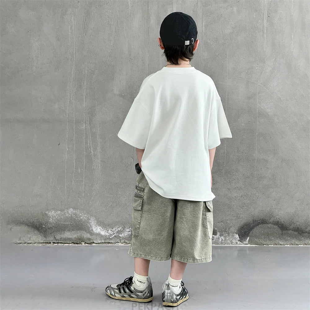 Korean Children Fashion Summer Clothes for Boy Streetwear Outfit Suit T-shirt Shorts Clothing Set Kids Street Top And Bottom Set