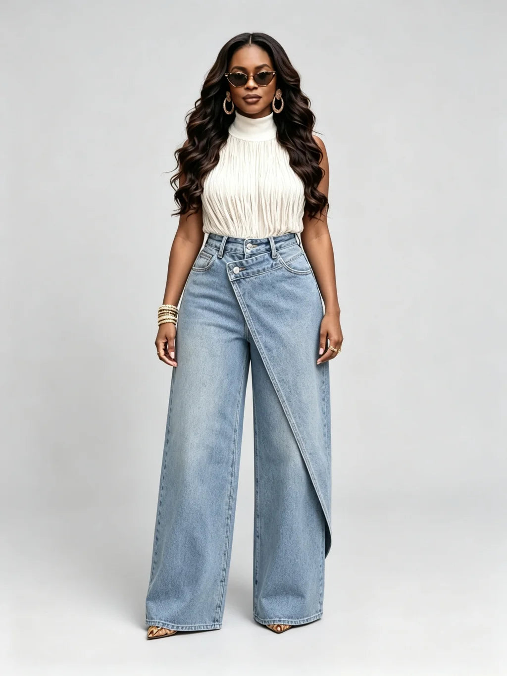 Wide Leg Jeans Women High Waist Asymmetrical Wrap Front Y2K Vintage Baggy Straight Long Denim Casual Plus Size Streetwear
