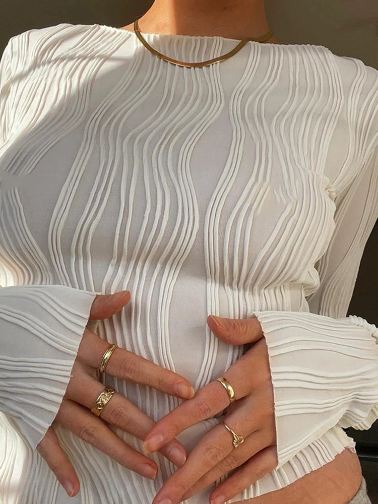Woman Fashion Casual Ruched Long Sleeve T-shirt Blouses Female White Skinny Cropped Bottoming Shirt 2022 Autumn Y2K Top Clothes