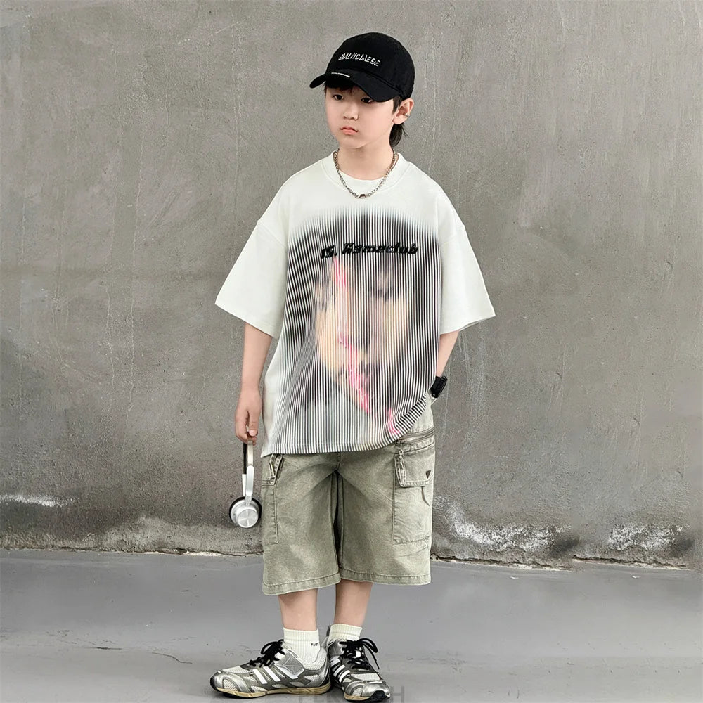 Korean Children Fashion Summer Clothes for Boy Streetwear Outfit Suit T-shirt Shorts Clothing Set Kids Street Top And Bottom Set