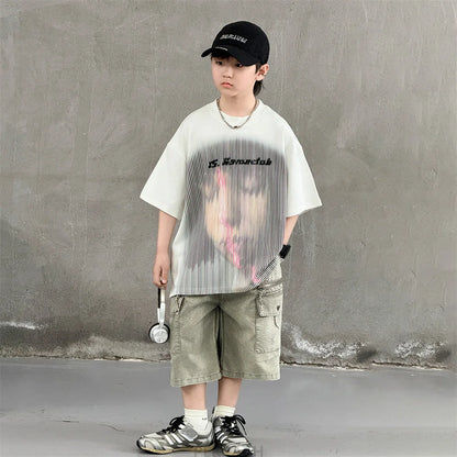 Korean Children Fashion Summer Clothes for Boy Streetwear Outfit Suit T-shirt Shorts Clothing Set Kids Street Top And Bottom Set