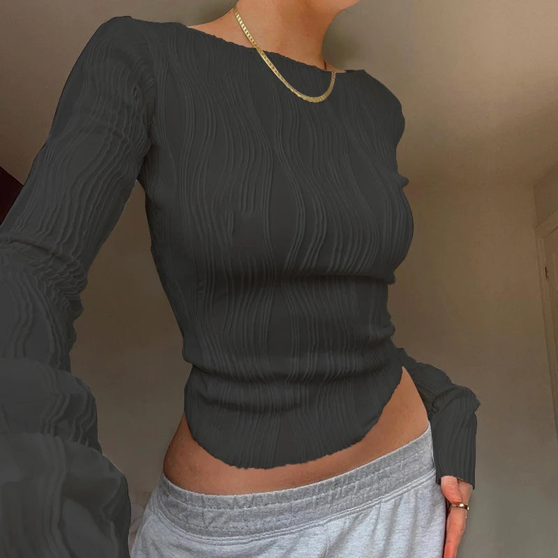 Woman Fashion Casual Ruched Long Sleeve T-shirt Blouses Female White Skinny Cropped Bottoming Shirt 2022 Autumn Y2K Top Clothes