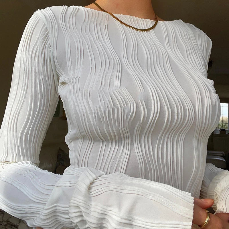 Woman Fashion Casual Ruched Long Sleeve T-shirt Blouses Female White Skinny Cropped Bottoming Shirt 2022 Autumn Y2K Top Clothes