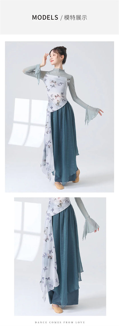 Women 2 Layers Dance Trousers Gauze Print Chiffon Culottes Flowy Skirt Pant Loose Wide Leg Modern Hanfu Elegant Practice Clothes