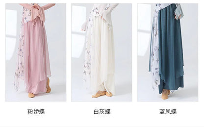 Women 2 Layers Dance Trousers Gauze Print Chiffon Culottes Flowy Skirt Pant Loose Wide Leg Modern Hanfu Elegant Practice Clothes