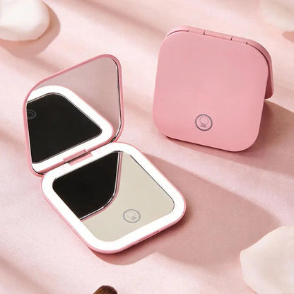 Rechargeable Handheld Mirror With 2X Magnification Portable Folding LED Makeup Mirror Pink Dual-Sided LED Lighted Makeup Mirror