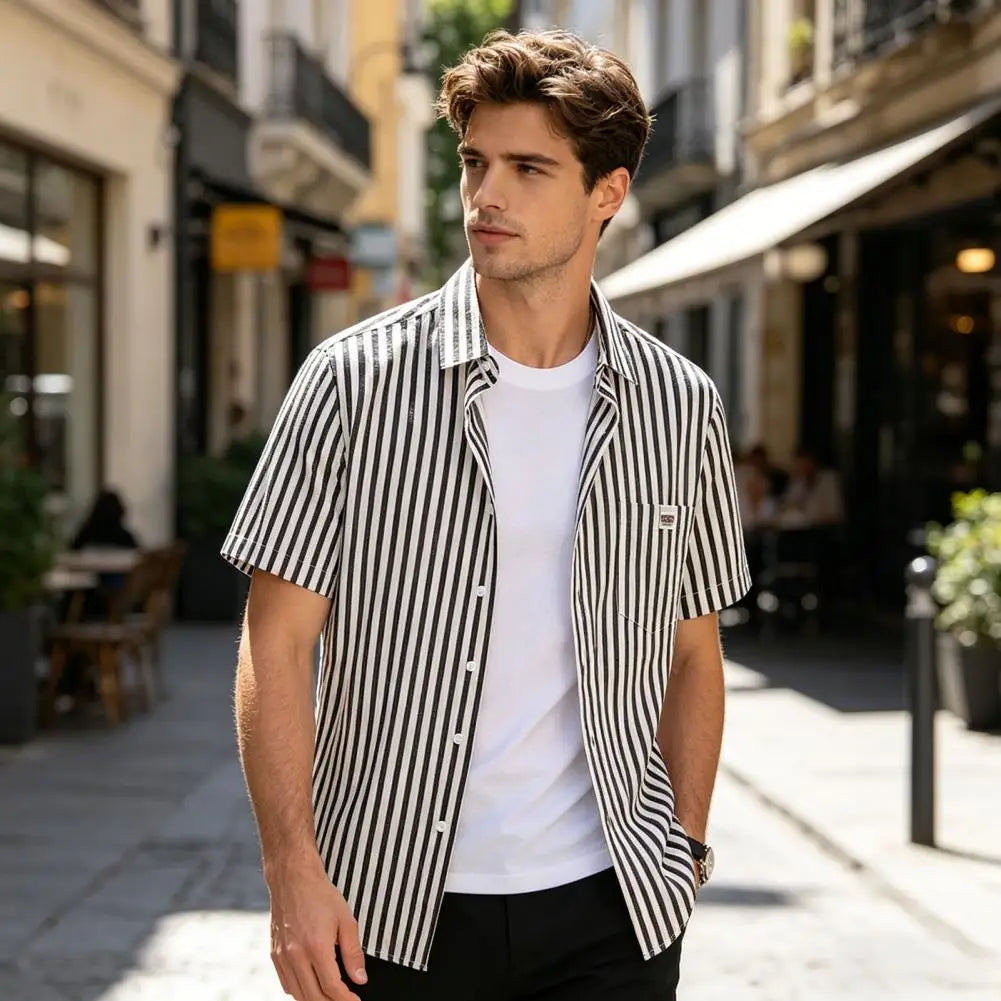 Men Striped Shirt Short Sleeve With Patch Pocket Lapel Loose Fit Summer Casual Button Down Tops