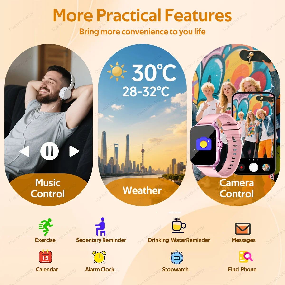 Smart Watch with Wireless Call, SMS, Multi-Sport Modes | Compatible with iPhone and Android, USB Charging, Clear Display