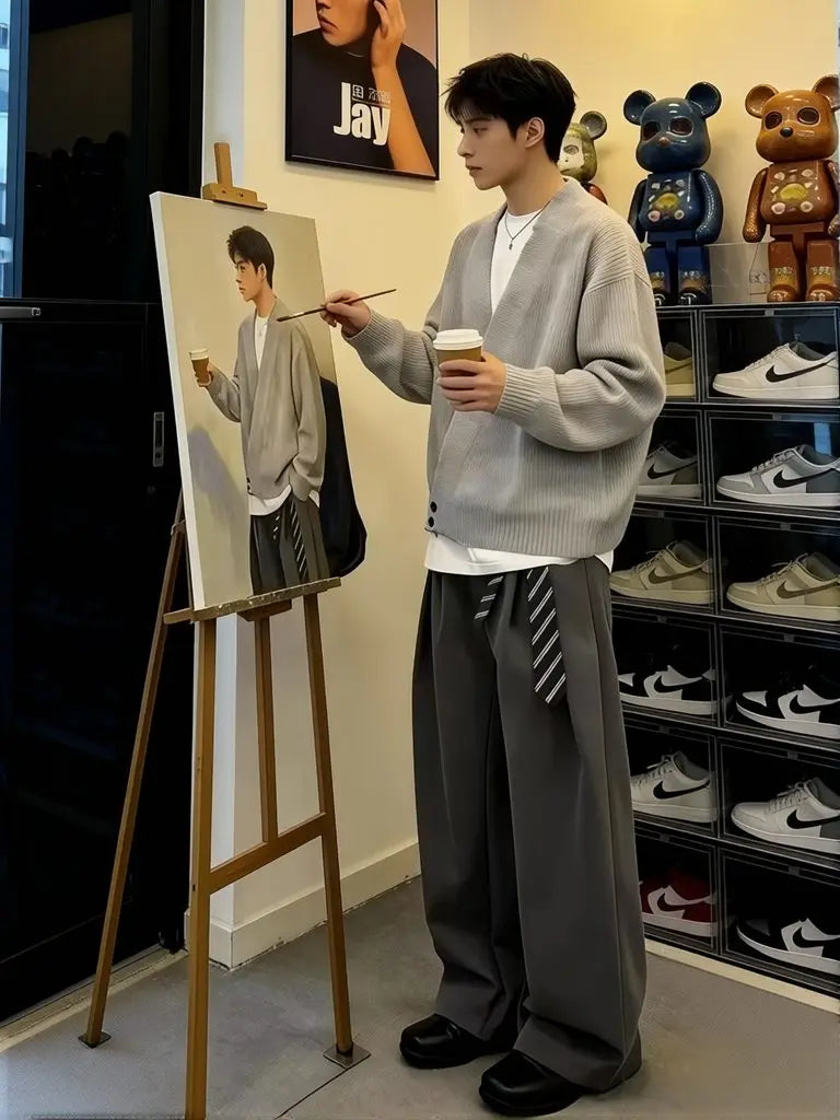 Spring Summer Pleated Wide Curved Trousers Men A-line Tailored Casual Suit Pants Streetwear Work wear Cleanfit Business
