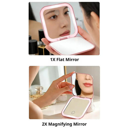 Rechargeable Handheld Mirror With 2X Magnification Portable Folding LED Makeup Mirror Pink Dual-Sided LED Lighted Makeup Mirror