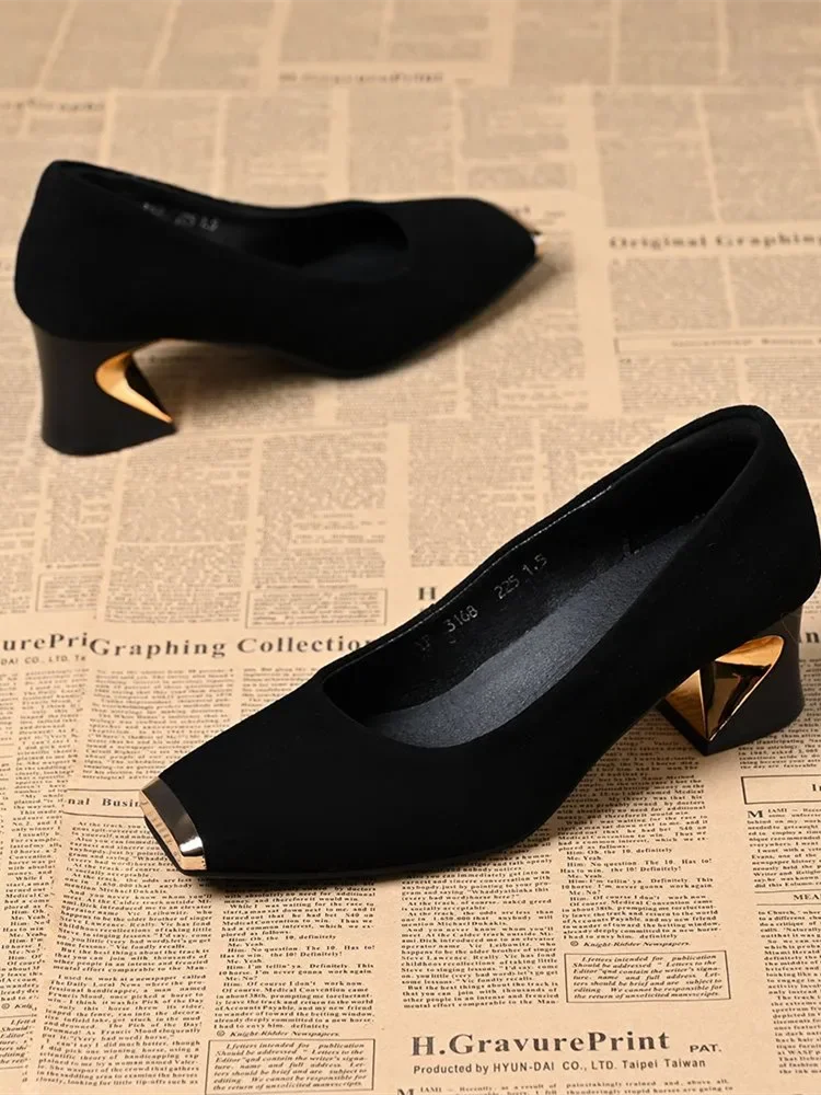 zapatos de mujer women fashion black suede round toe comfort spring &amp; summer square heel shoes for office work lady pumps a535