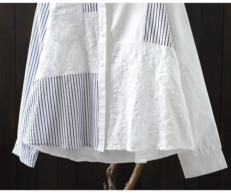 Fall Clothes 2026 Women Cotton Lace Striped Patchwork Shirts Long Sleeve Blouses for Lady Tops Office Wear Women Fashion Blouses