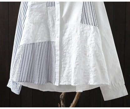 Fall Clothes 2026 Women Cotton Lace Striped Patchwork Shirts Long Sleeve Blouses for Lady Tops Office Wear Women Fashion Blouses