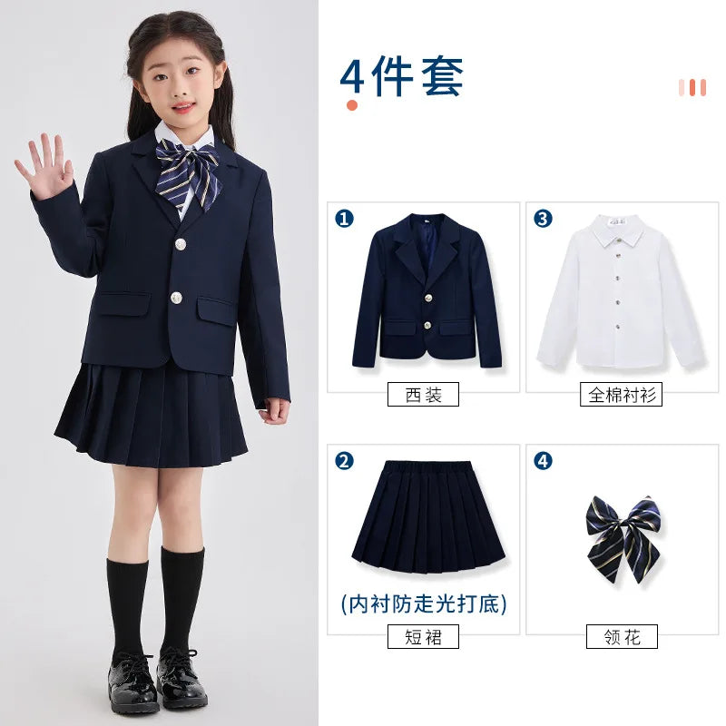 Children School Uniform Girls Jacket Pleated Skirts Suits Boys British Student Blazers Pants Kids Formal Dress Class Clothes Set
