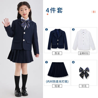 Children School Uniform Girls Jacket Pleated Skirts Suits Boys British Student Blazers Pants Kids Formal Dress Class Clothes Set