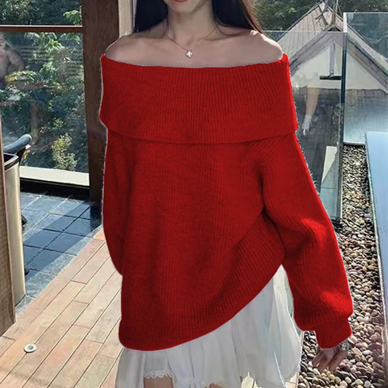 Off Shoulder Sweater for Women Comfy Knitted Top Long Sleeve Off-the-Shoulder Pullover Sweater Autumn Winter Elegant Fashion