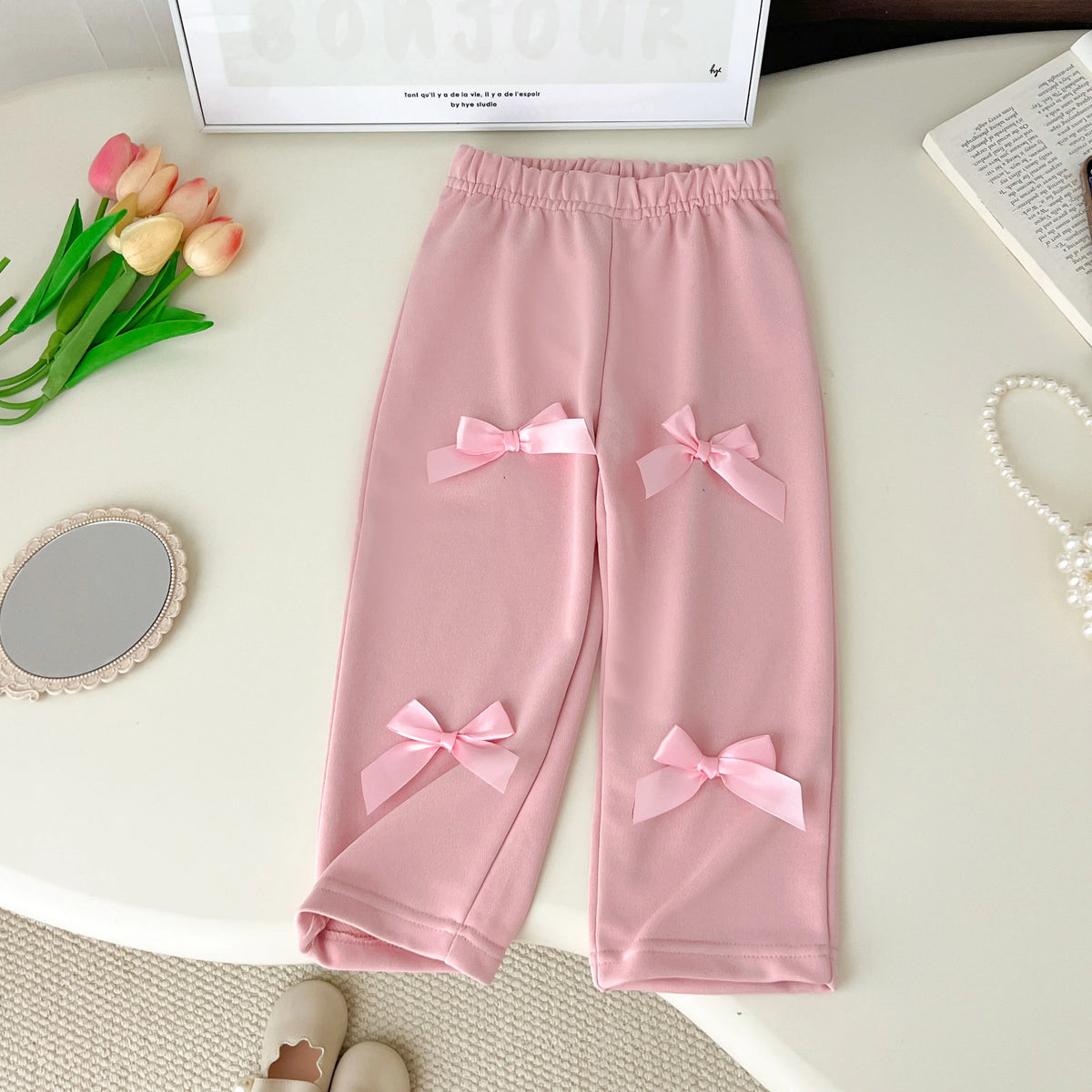 Kids Clothes Girls Autumn Fashion Bow-decorated Pink Sweatshirt + Straight-leg Pants Sets Children&