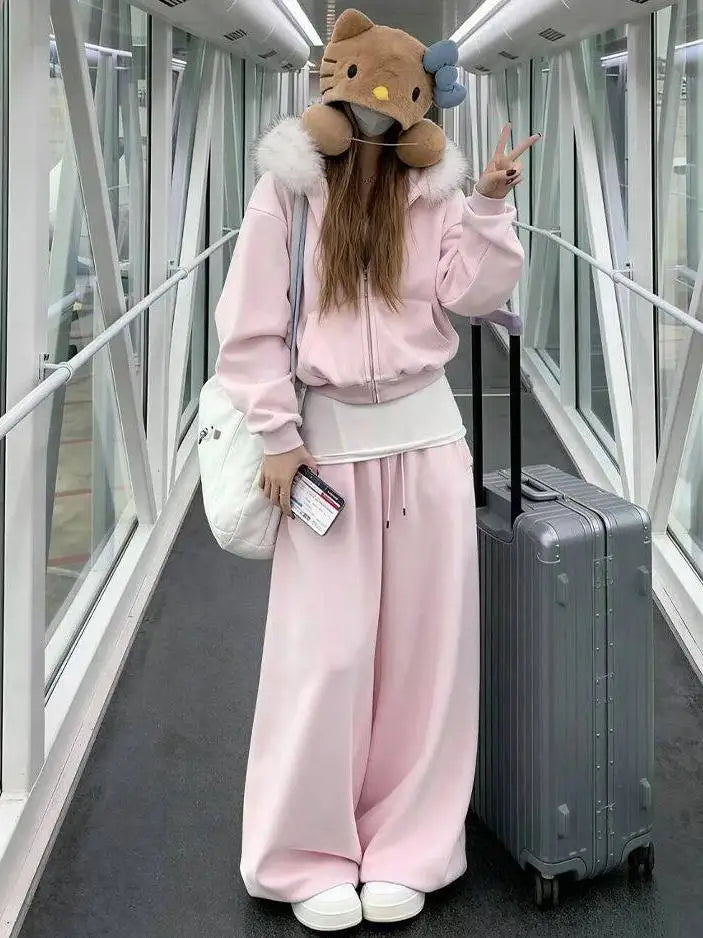 Pink Hooded Sweatshirt Set Women&