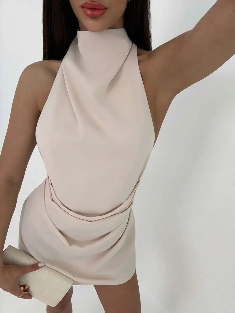 Satin Mini Dress Women High Neck Backless Sleeveless Wrap Short Dress Elegant Solid Color Cocktail Party Club Evening Outfit