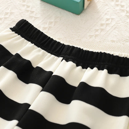 Kids Clothes Girls Autumn Korean-style Black And White Wide-striped T-shirt+Pants sets Children&