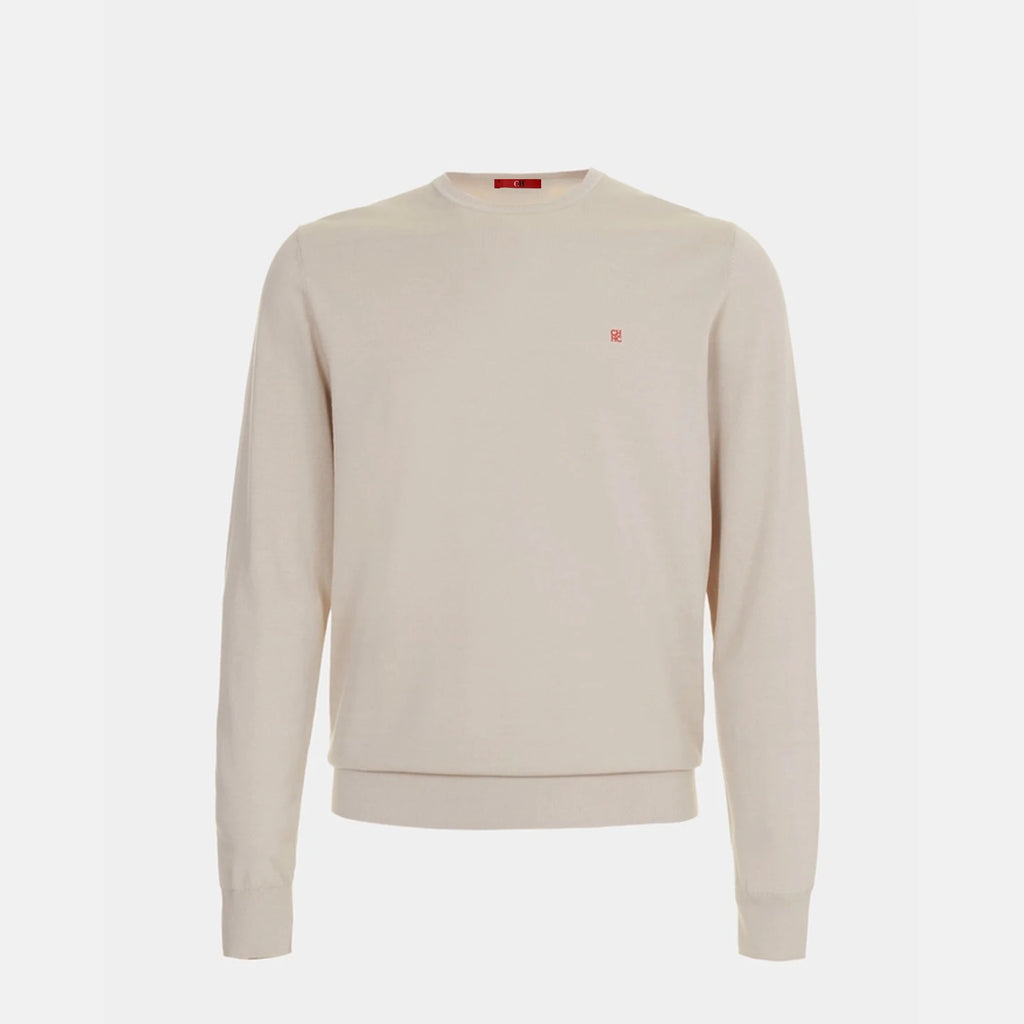 CH Men's  Crew Neck Sweater Slim Fit Long Sleeve Knit Pullover with Red Embroidery Business Casual Top