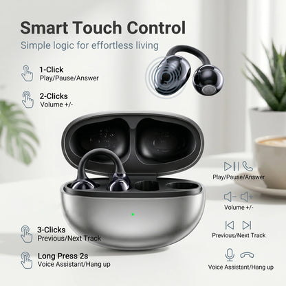 Bluetooth 5.3 Open Air Conduction Clip On Ear Headphones, True Wireless, Lightweight All Day Wear Sports Earphones, Pure Sound