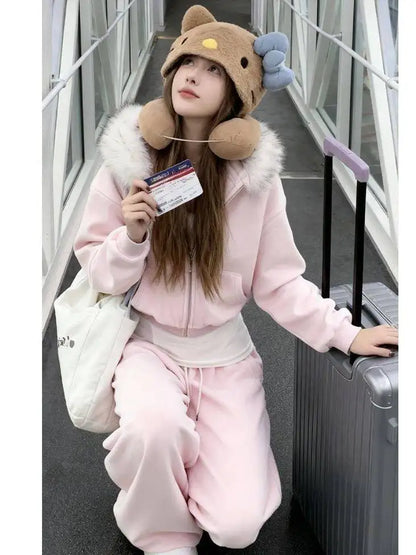 Pink Hooded Sweatshirt Set Women&