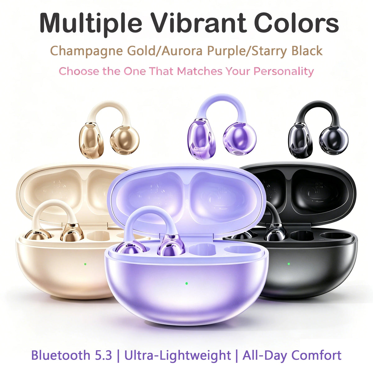 Bluetooth 5.3 Open Air Conduction Clip On Ear Headphones, True Wireless, Lightweight All Day Wear Sports Earphones, Pure Sound