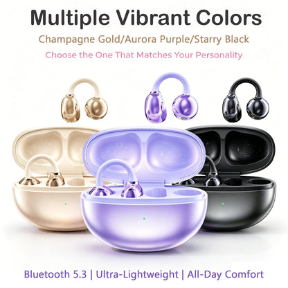 Bluetooth 5.3 Open Air Conduction Clip On Ear Headphones, True Wireless, Lightweight All Day Wear Sports Earphones, Pure Sound