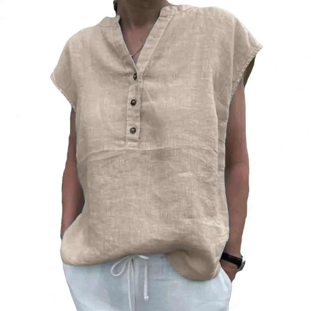 Women T-shirt Cotton Linen Summer Blouse Solid Color Simple Short Sleeve V Neck Quick Dry Daily Clothes Ropa Mujer Blusas