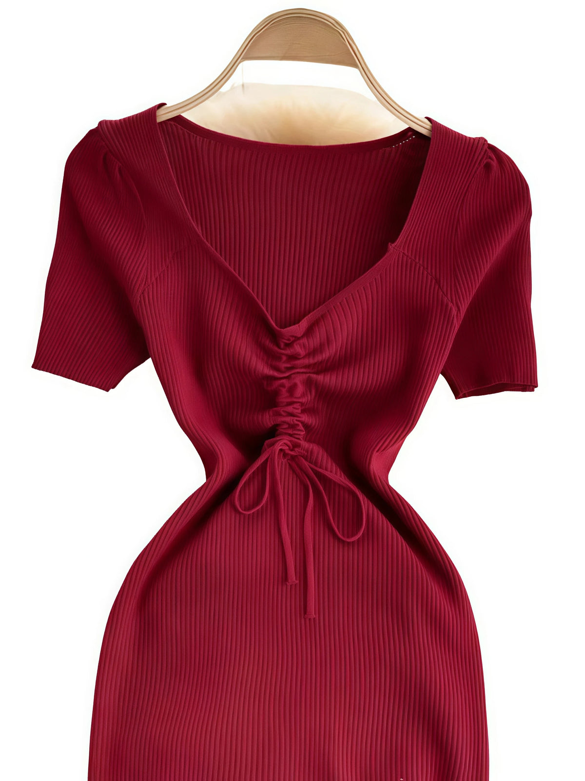 Women Ribbed Knit Mini Bodycon Dress Sweetheart V Neck Short Sleeve Front Lace‑Up Tie Slim Black Party Short Dresses