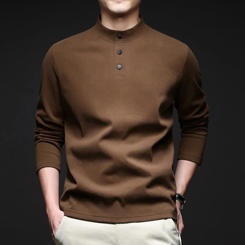 Men Mock Neck Henley Long Sleeve T Shirt Thick Warm Fleece Lined Casual Pullover Tops For Autumn Winter