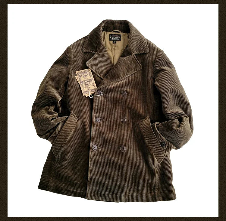 Amekaji Wear Clothes Men Corduroy Double Breasted Suit Cotton Coat Jacket American Retro Casual