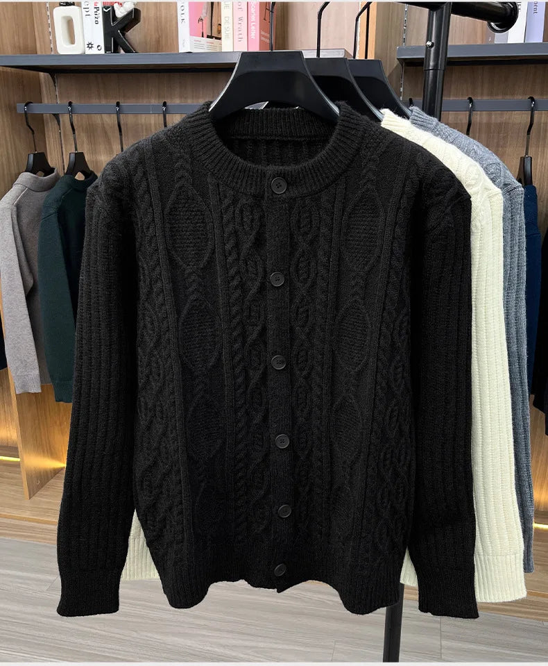 Men Cable Knit Cardigan Stand Collar Button Down Thick Warm Old Money Style Knit Coat For Autumn Winter