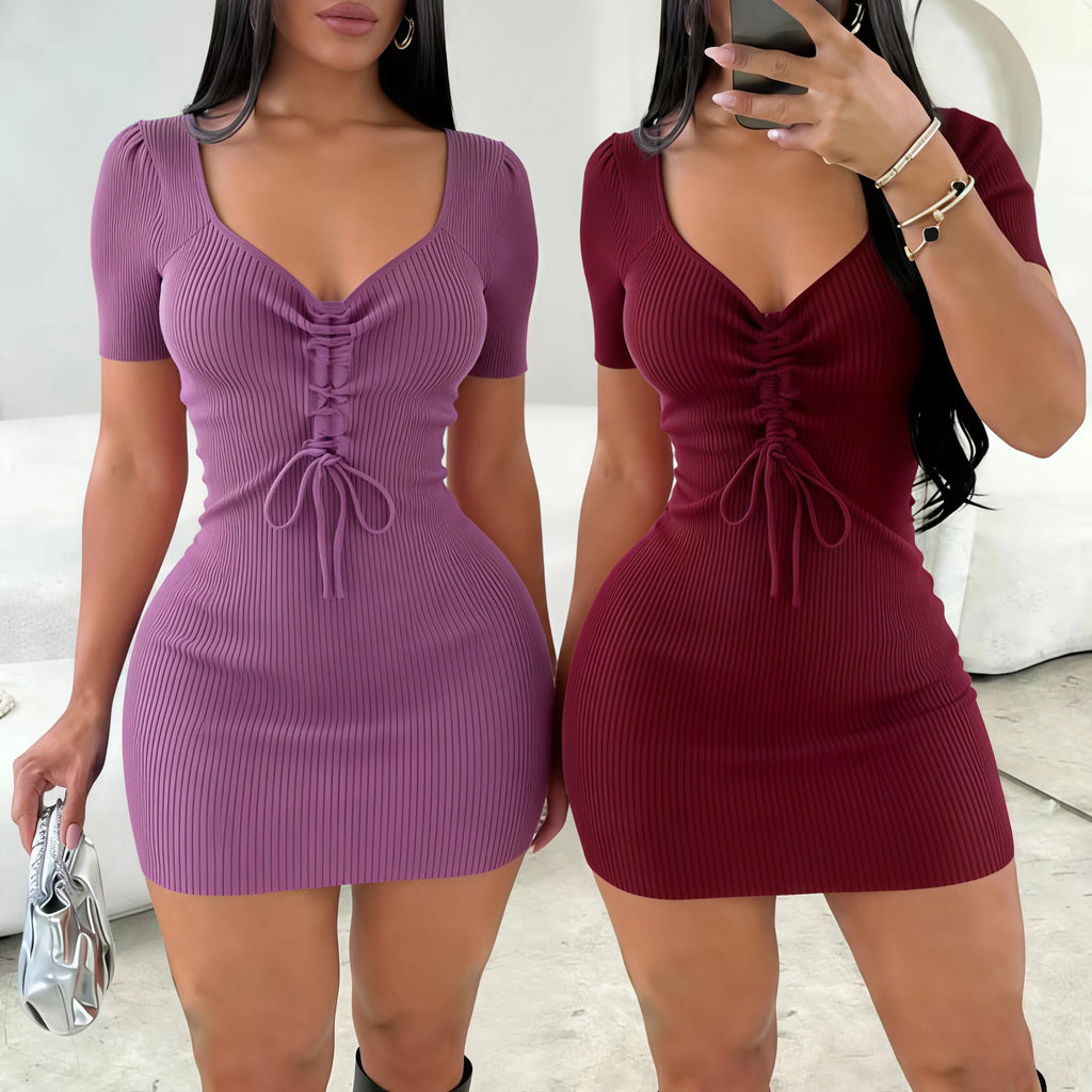 Women Ribbed Knit Mini Bodycon Dress Sweetheart V Neck Short Sleeve Front Lace‑Up Tie Slim Black Party Short Dresses