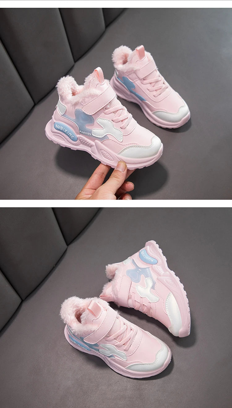 Children Winter Casual Shoes Warm Cotton Sneakers for Kids Fashion High-top Walking Shoe Boys Girls Plush Lining Winter Trainers